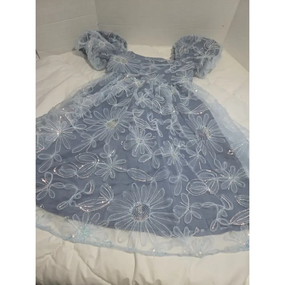 Lipsy Girls Light Blue Holiday Evening Princess Dress Sequin Flowers 7 8y Fairy